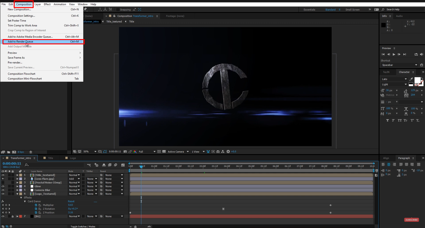 Adding composition to Render Queue for PNG sequence export in After Effects