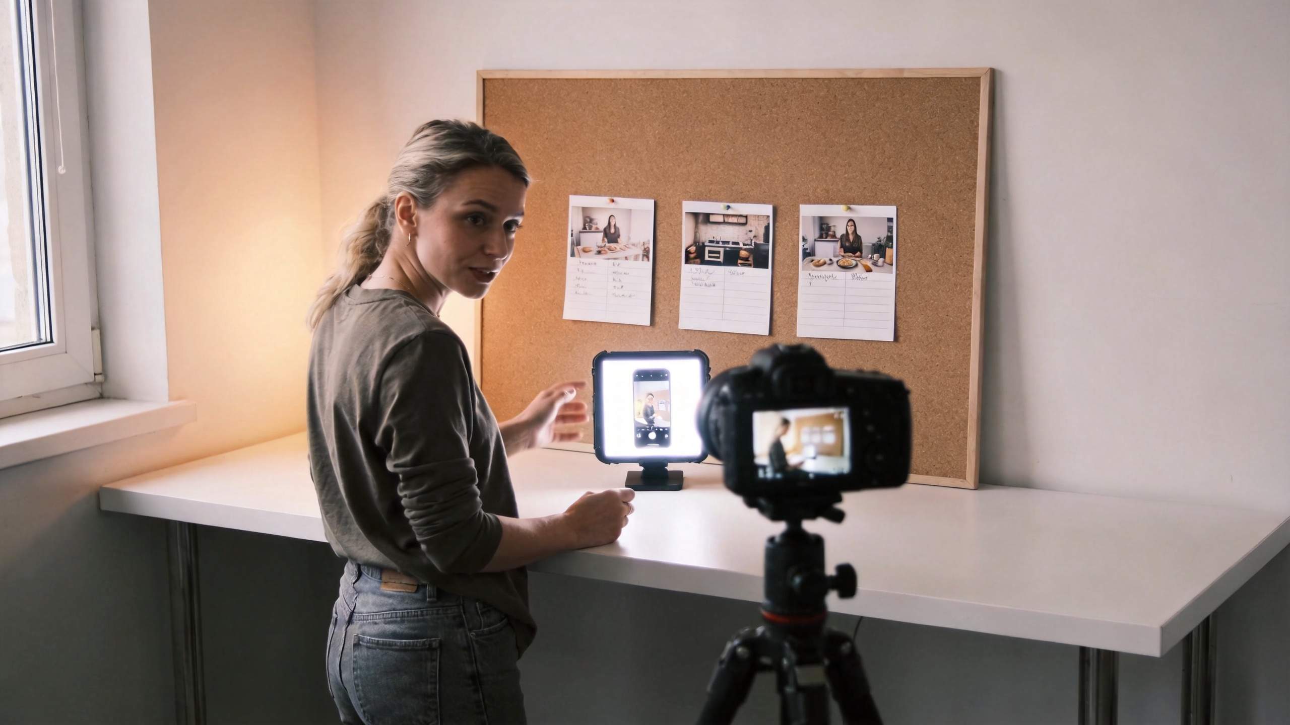 Woman filming a tabletop setup with a phone light and camera on a tripod