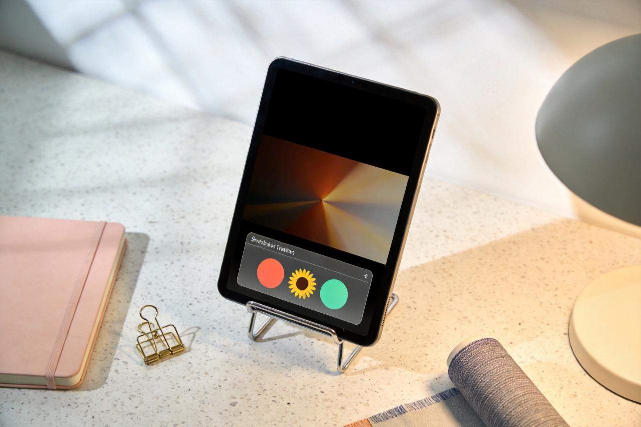 Tablet on a stand showing a subtitle style bar with emoji icons