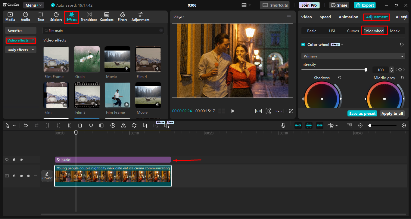 Adding and editing the grain effect in CapCut desktop video editor