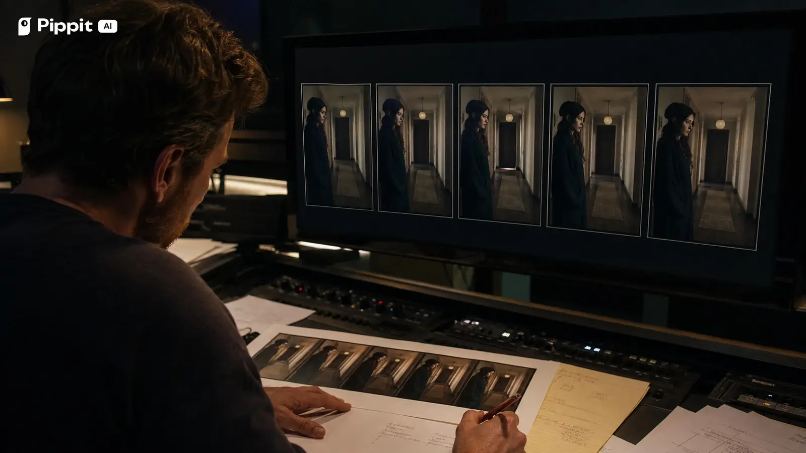 An editor compares five nearly identical hallway frames to time small evidence changes.