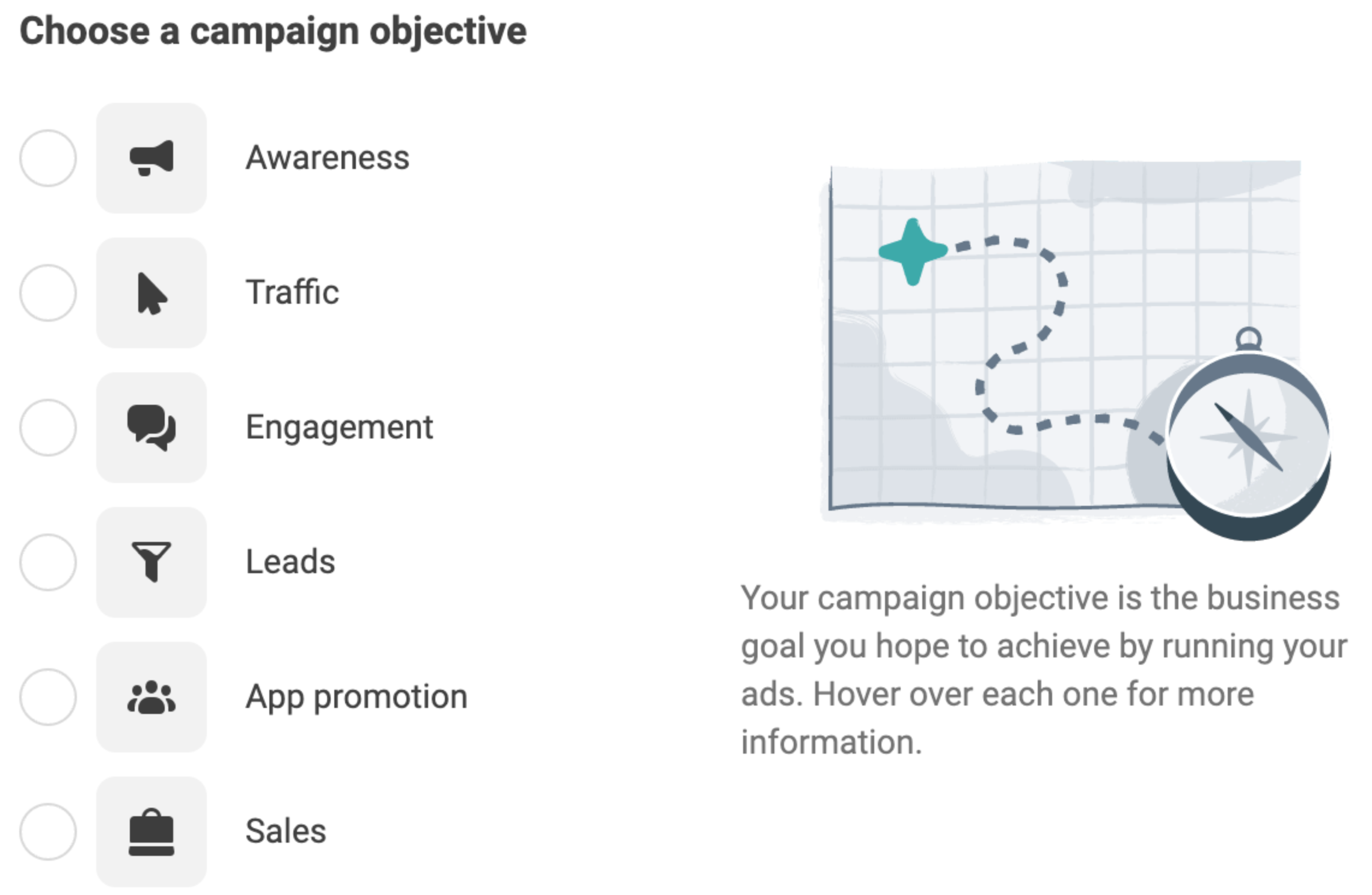 Campaign objective selection screen