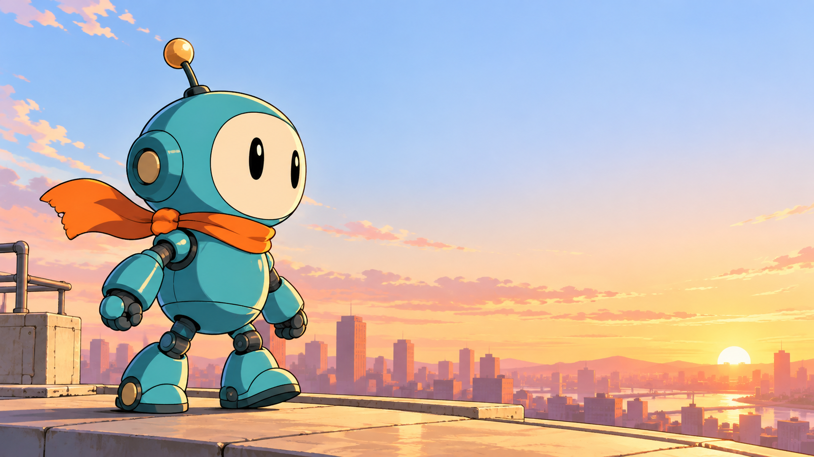 Original Orbit reference showing a teal robot on the left and open dawn sky on the right