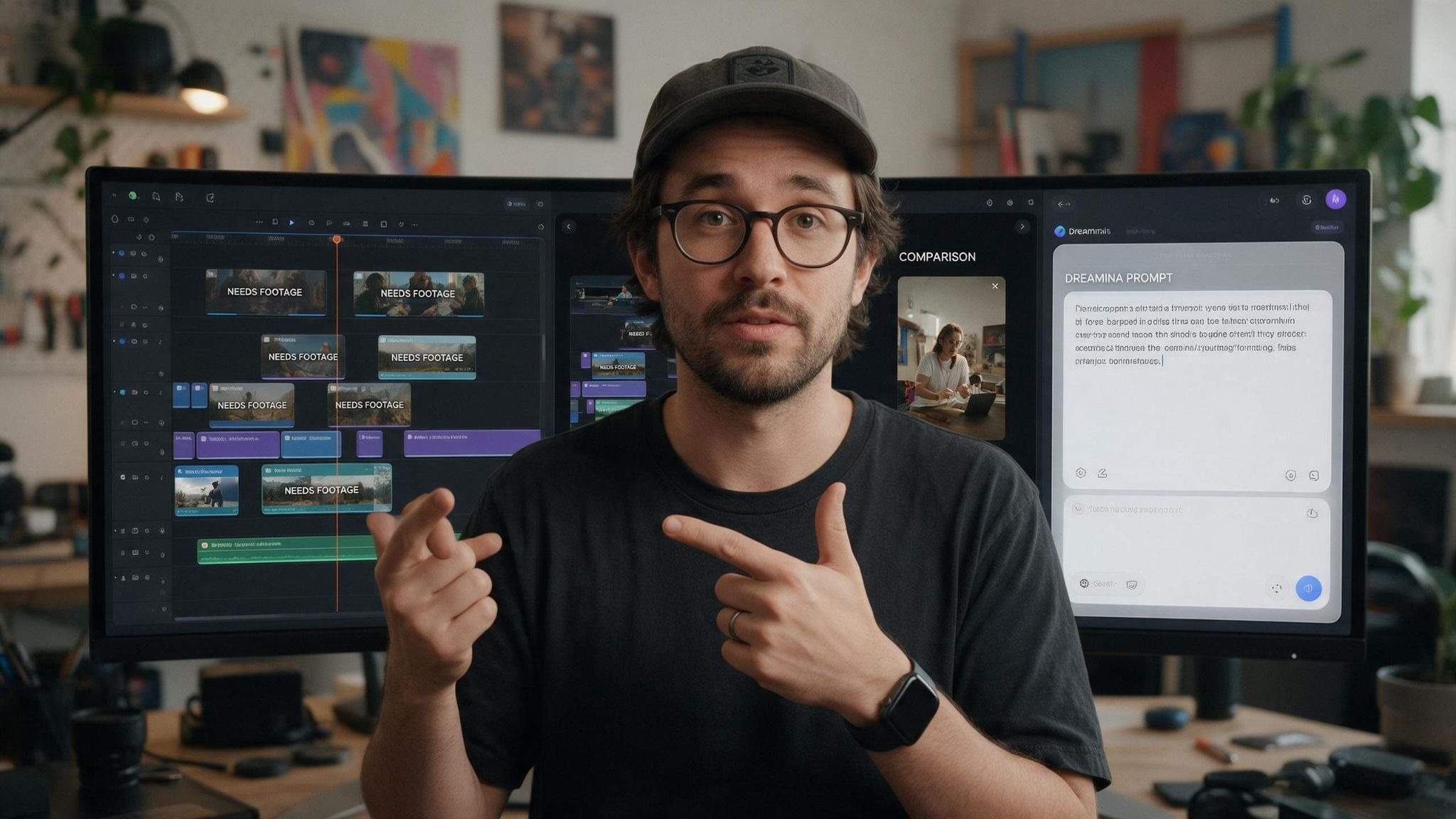 Creador comparando una línea de tiempo de edición que necesita imágenes con un mensaje de Dreamina que genera un videoclip