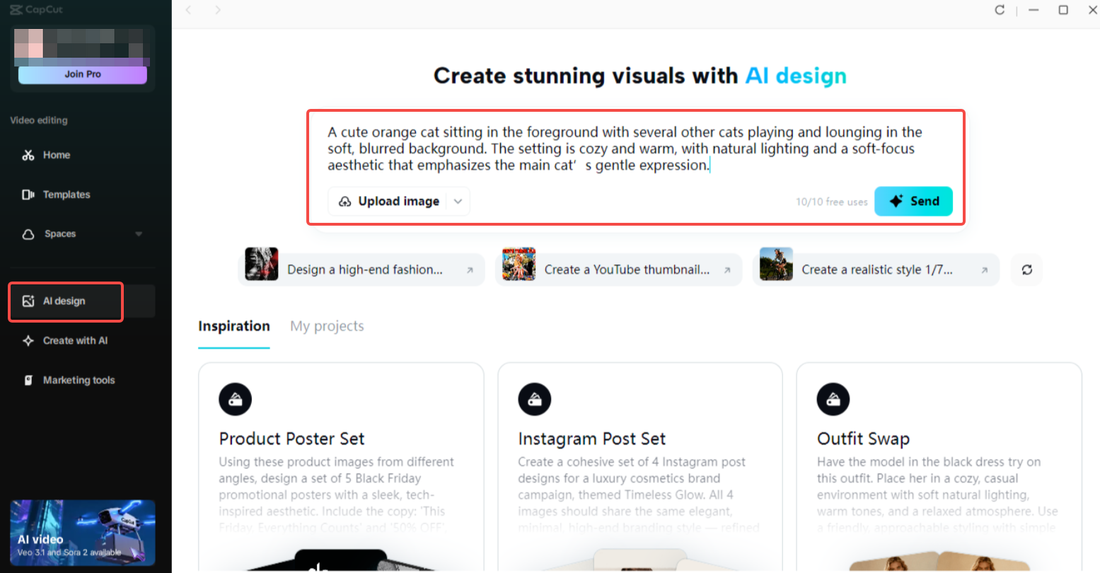 Accessing the AI design feature in CapCut