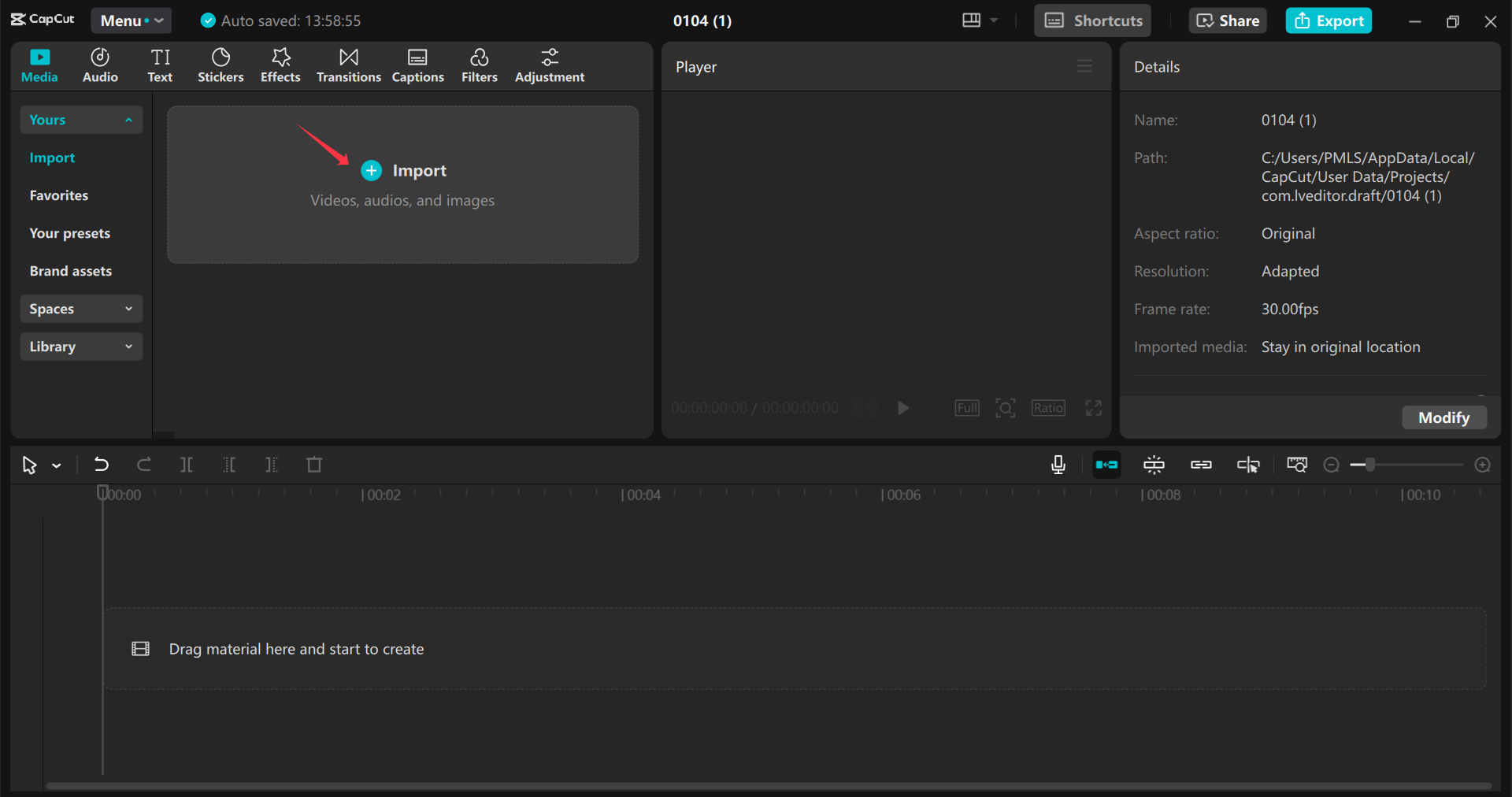 Importazione di video nell' CapCut editor video desktop