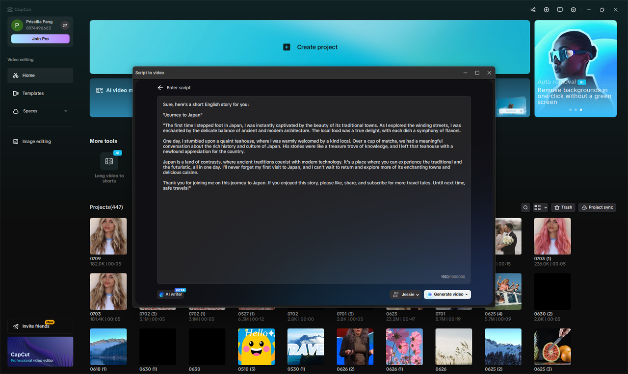 Generování vašeho skriptu v CapCut.