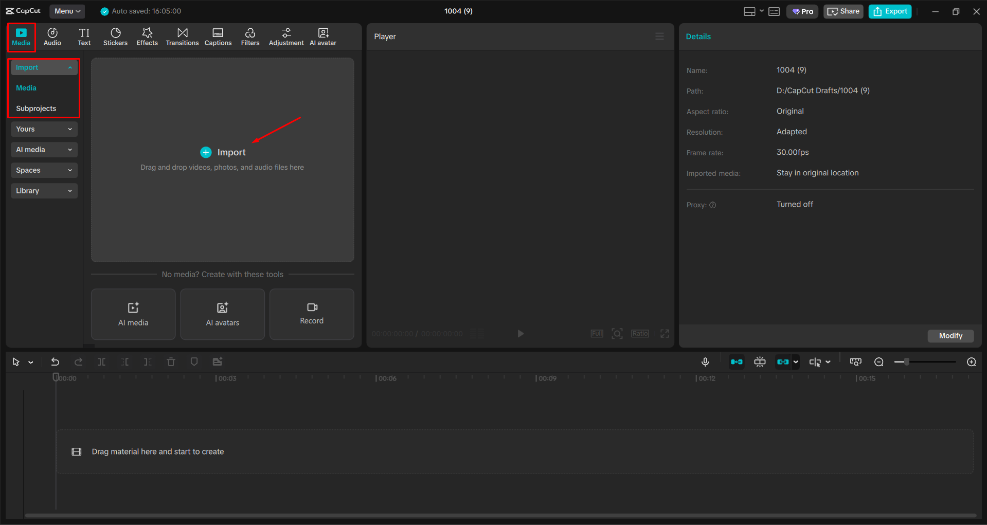 Importing a video into the CapCut desktop video editor