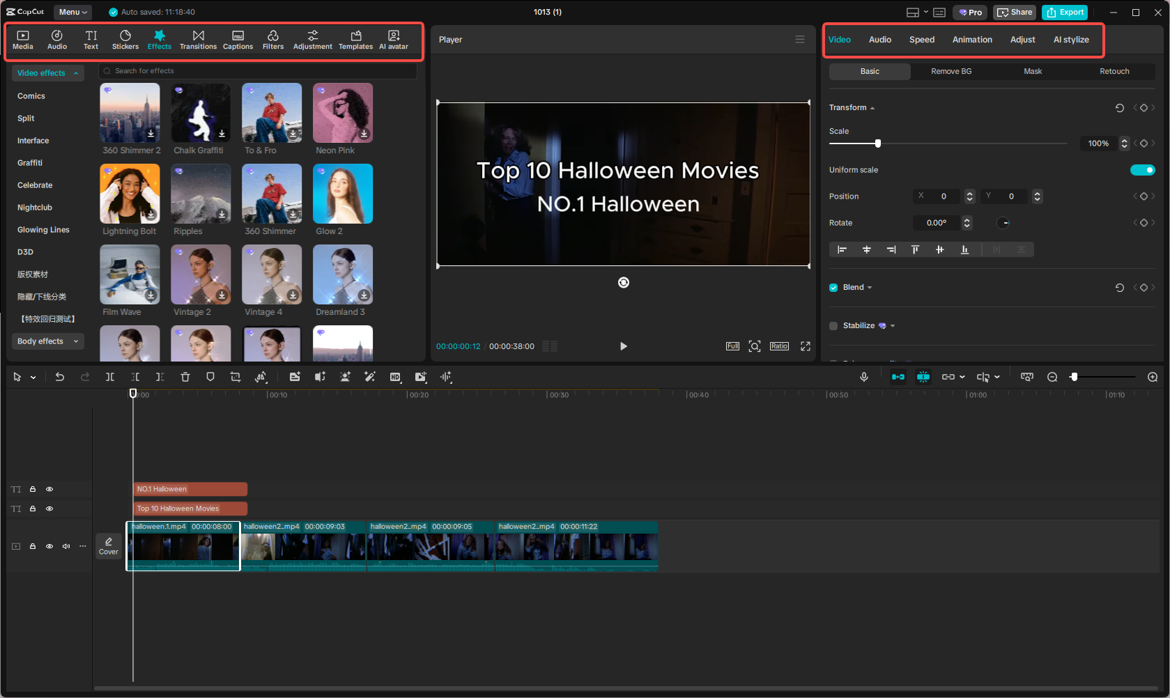 Editing the recommended Halloween movie collection in CapCut