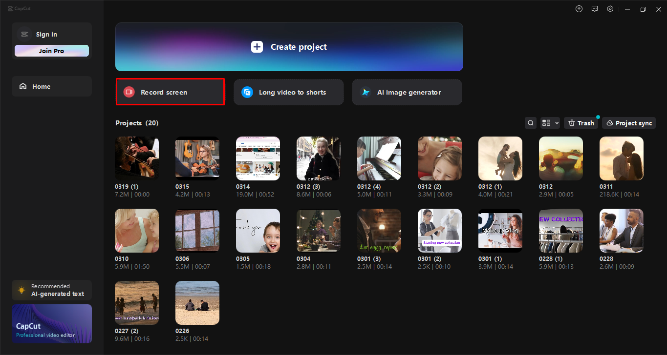 Launching screen recording tool in CapCut desktop video editor