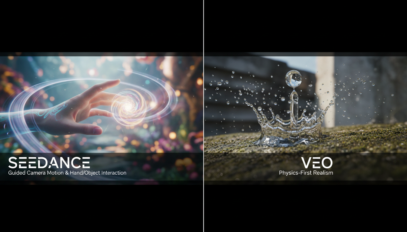 seedance_vs_veo_ thumbnail: guided camera motion and hand-object interaction (Seedance) vs physics-first realism (Veo).