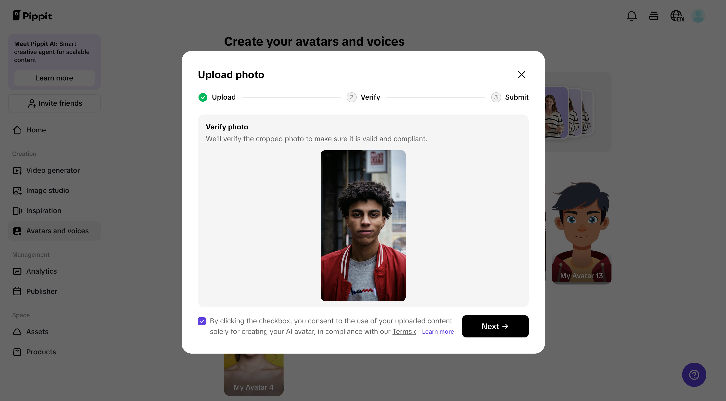 Upload an image to create your avatar