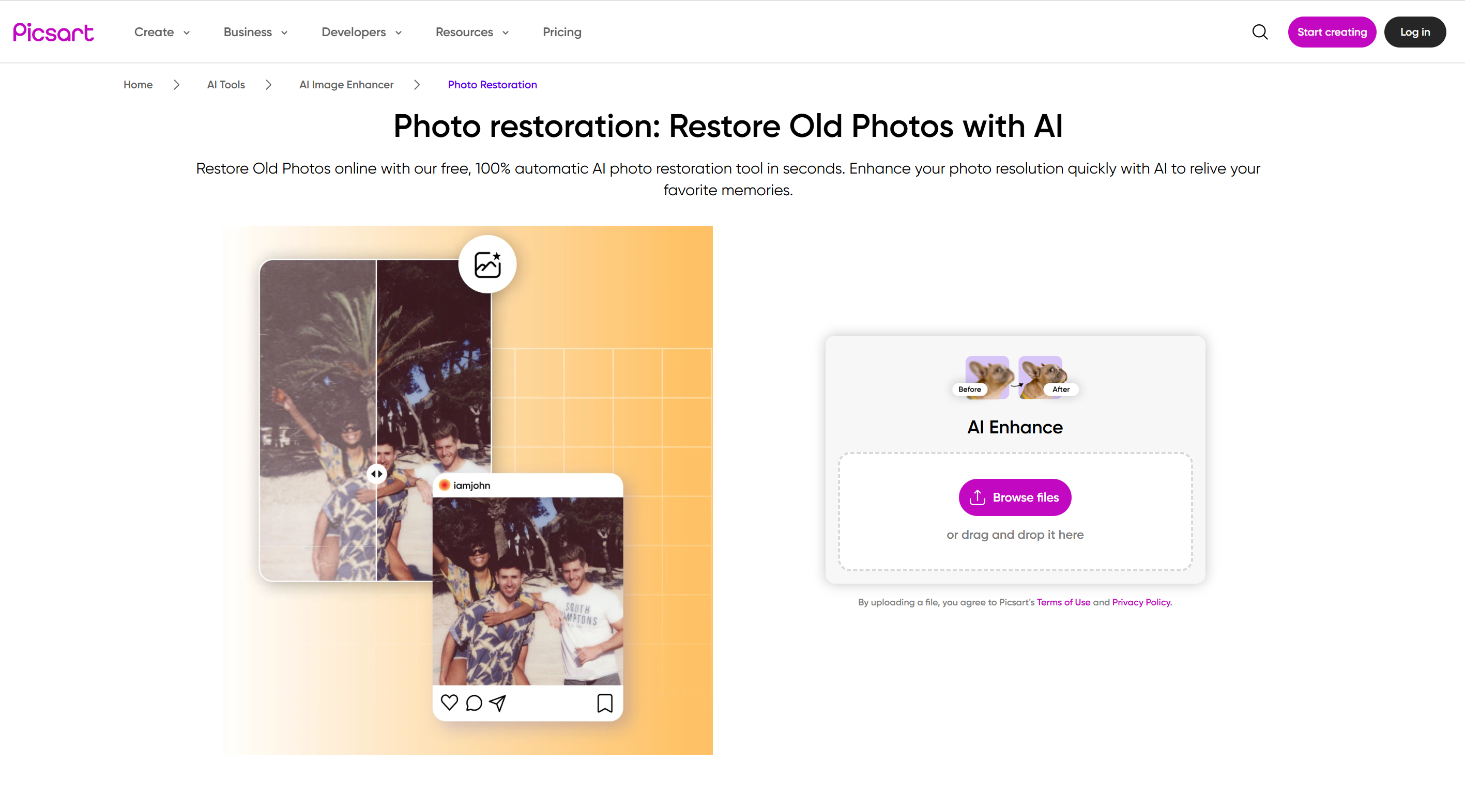Interface of Picsart - a highly efficient photo restoration software