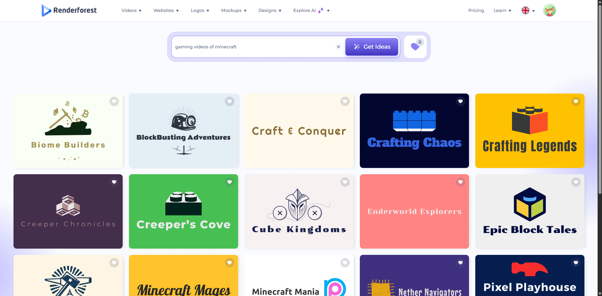 Interface of Renderforest - the perfect YouTube name generator
