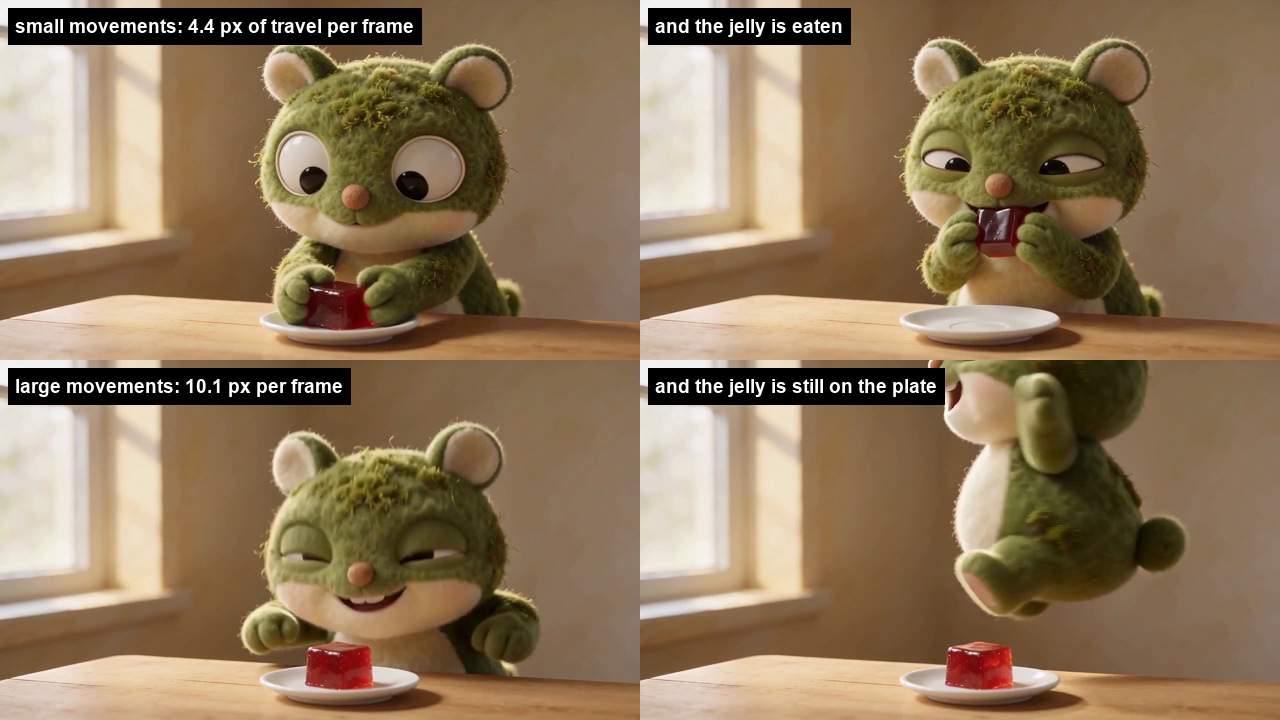 Four frames: the small-movement version reaching for and then eating the jelly, and the large-movement version smiling and then jumping into the air with the jelly untouched on the plate.