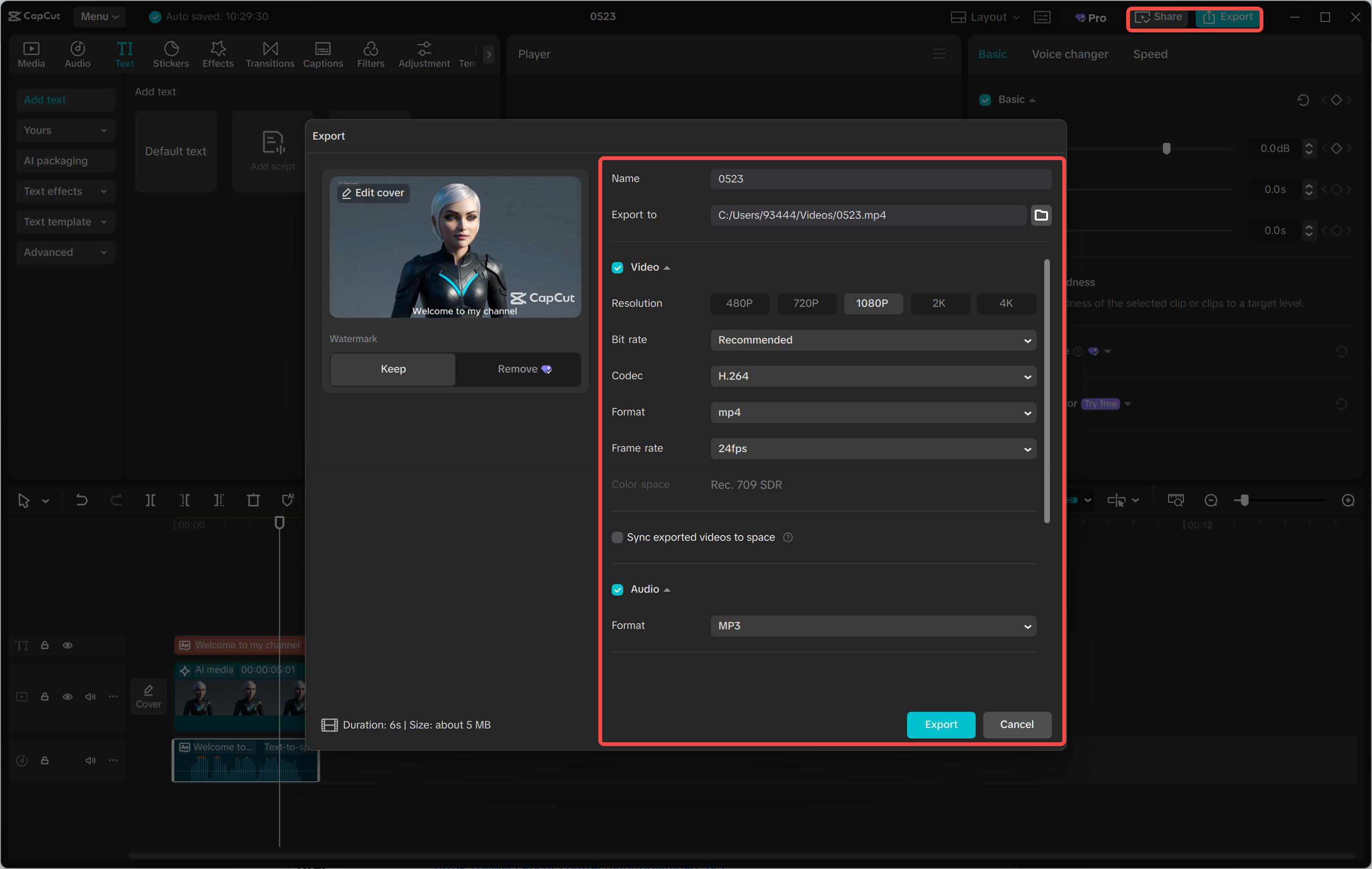 Exporting a video from CapCut's AI media