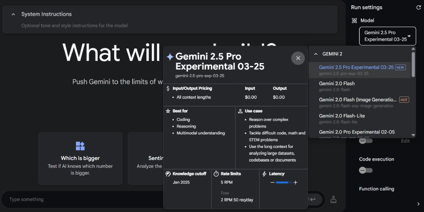 Gemini 2.5 Pro interface with chat and file upload options
