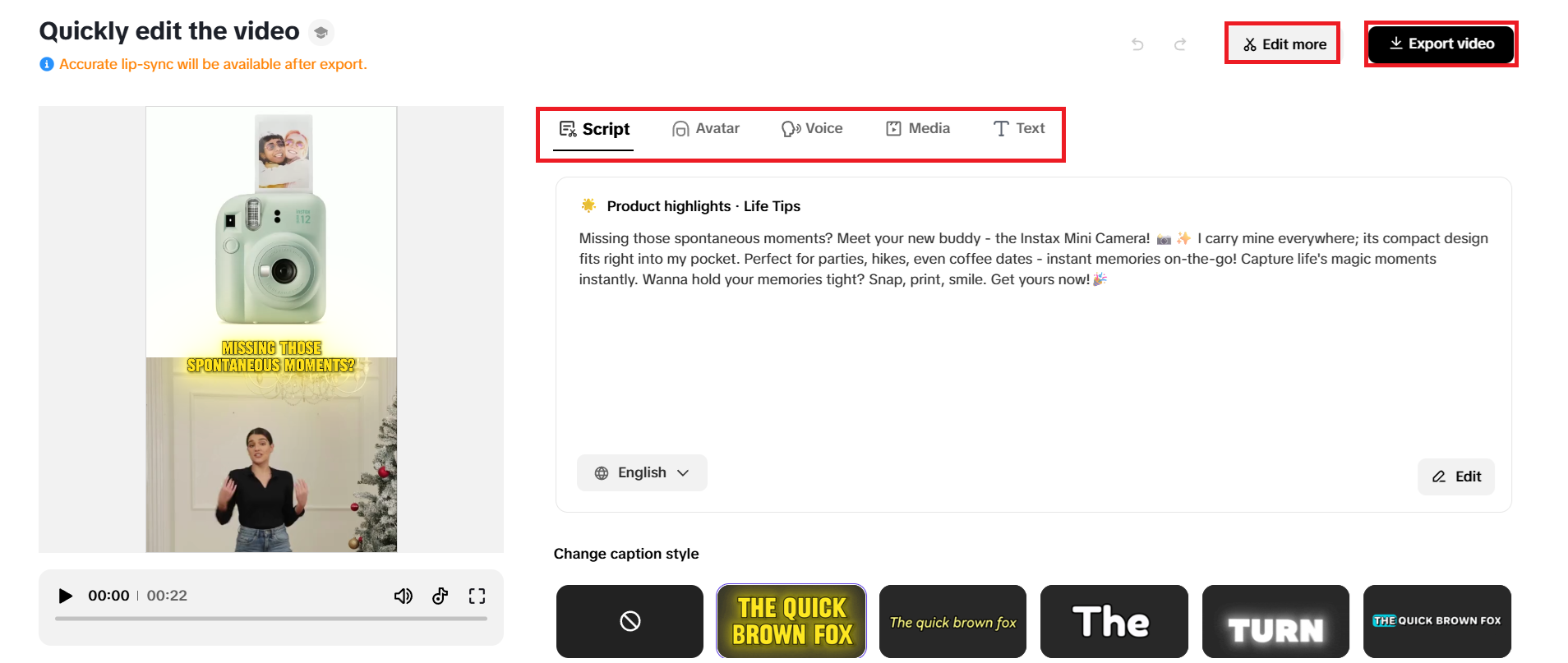 Quick editing options