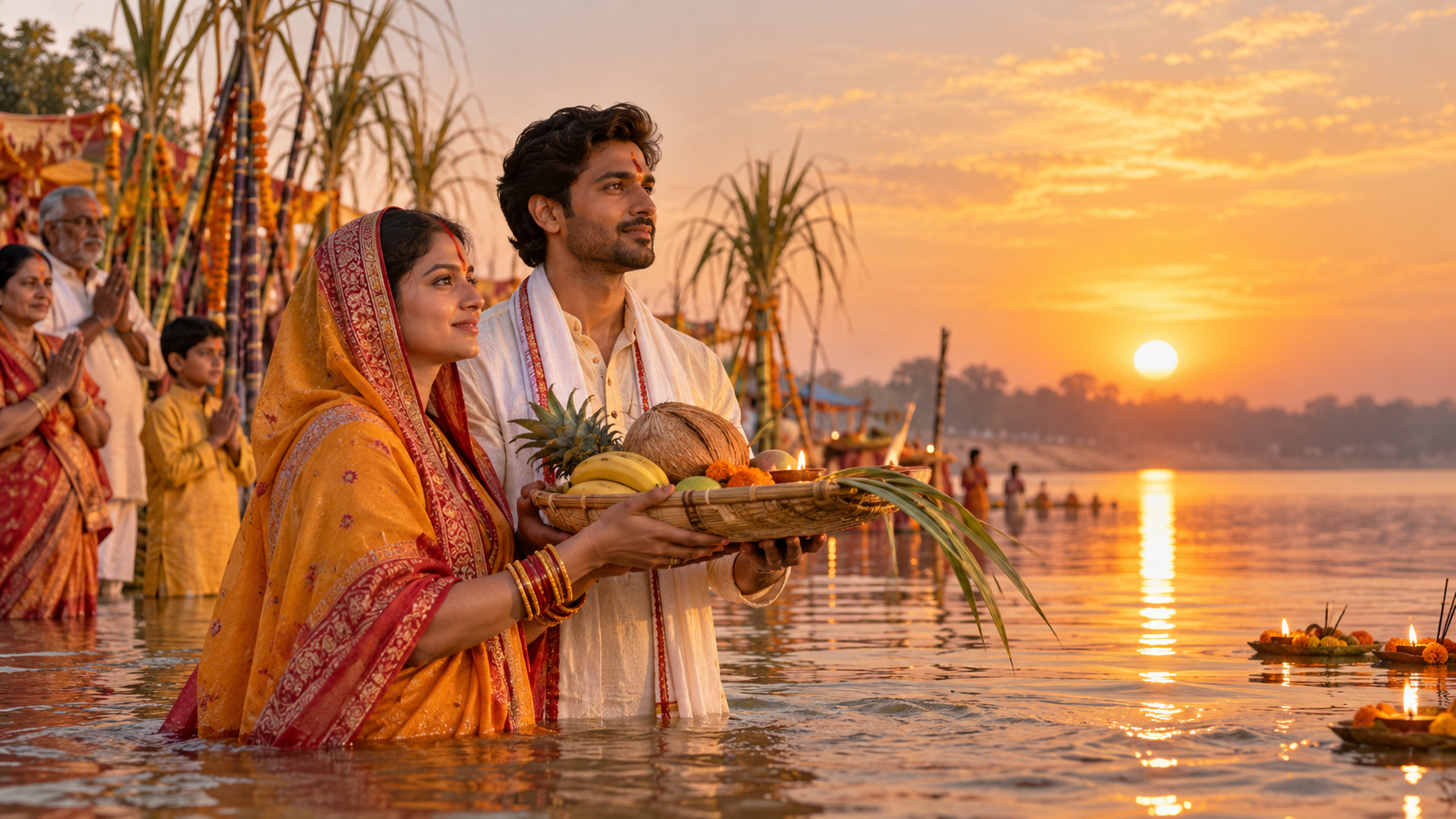 Close-Up Chhath Puja Casal Prompts Exemplo de variação para chhath puja casal prompts