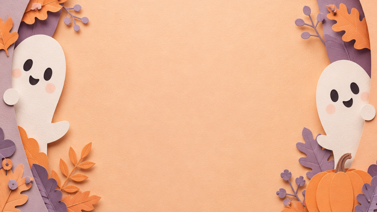 Paper-cut ghosts and autumn shapes at both edges of an apricot banner with a clear center.