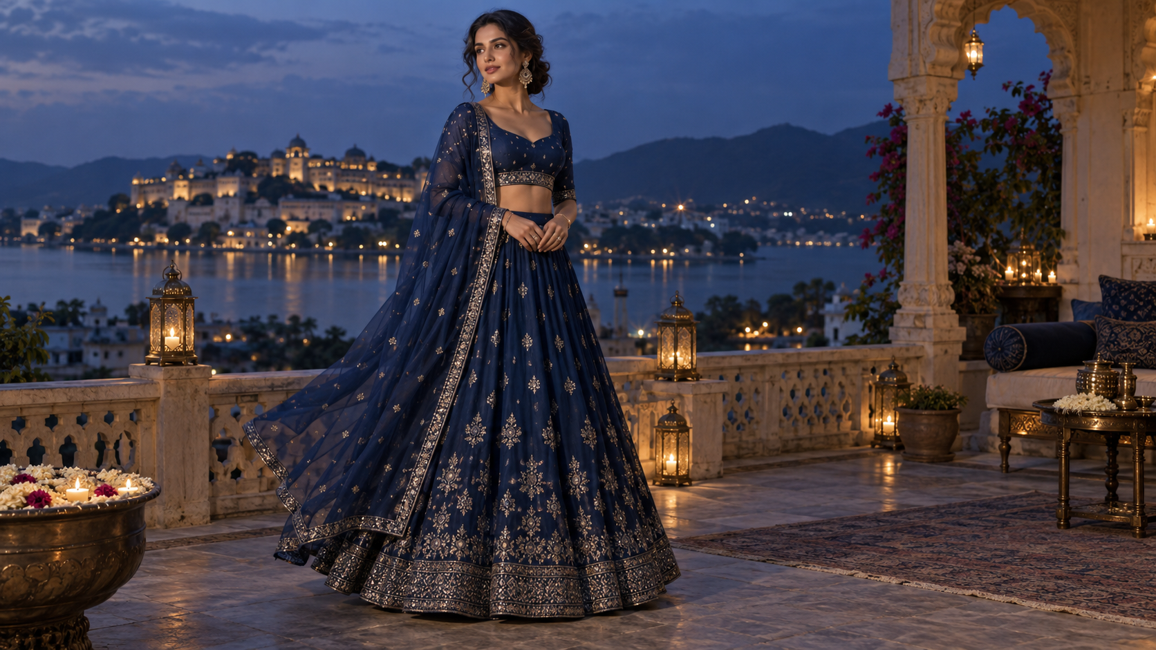 전통 의상 사진 프롬프트: Deep-Blue Lehenga 테라스 초상화