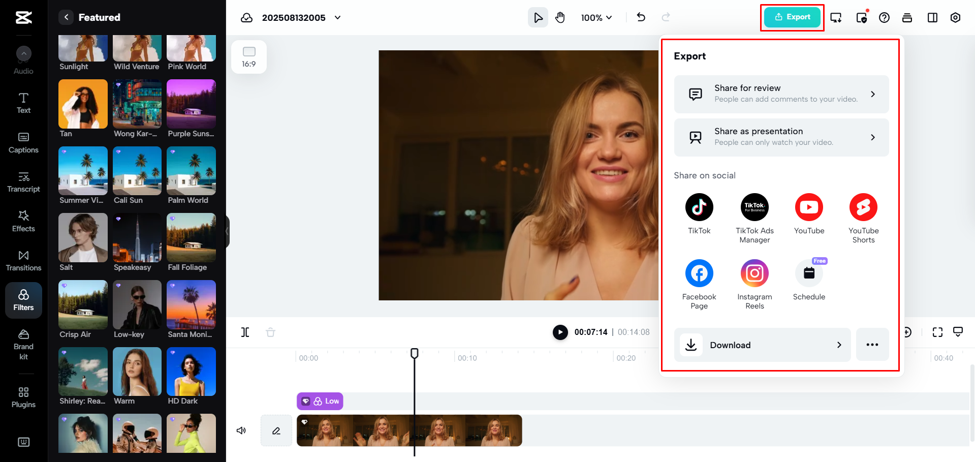 Exporting a video from CapCut Web