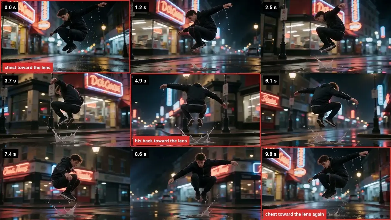 Nine frames show a man jumping over a water splash on a neon city street.