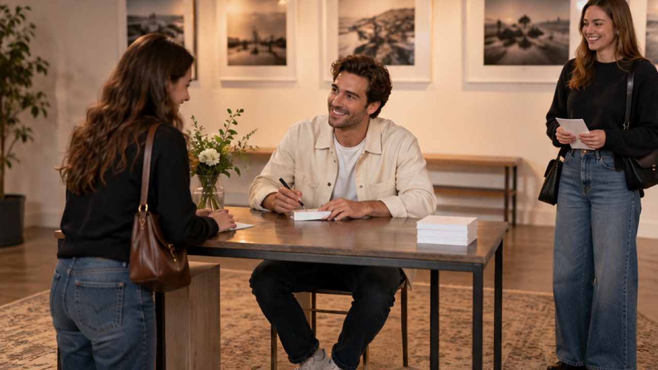 16:9 warm editorial still, original adult man in cream overshirt seated at simple gallery table holding pen over blank keepsake card, one smiling adult fan opposite and one waiting nearby, readable hands, soft natural light, no writing, famous people or logos.