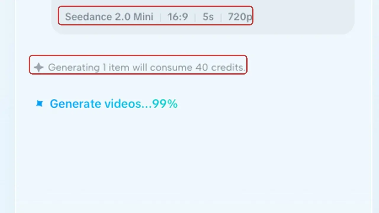 Generate videos progress at 99% with credits notice and project settings above