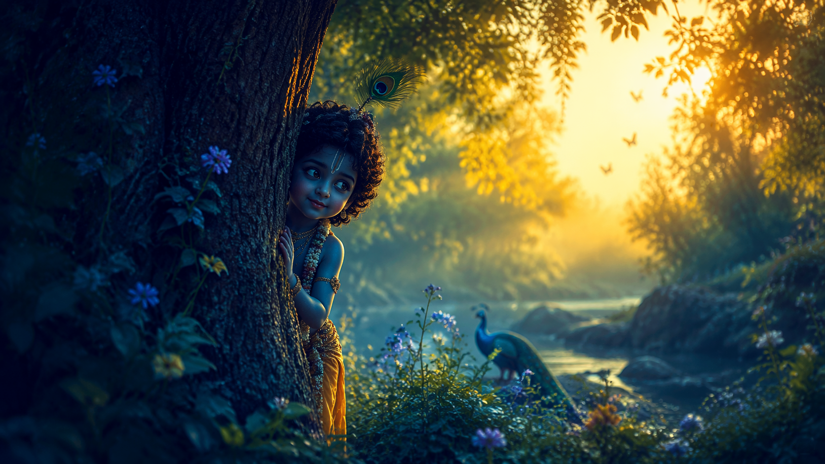 Dreamina Küçük Krishna Ağaç Fotoğraflarının Arkasında Saklanıyor İstemi örnek 2: Ağaç Bakma Silueti