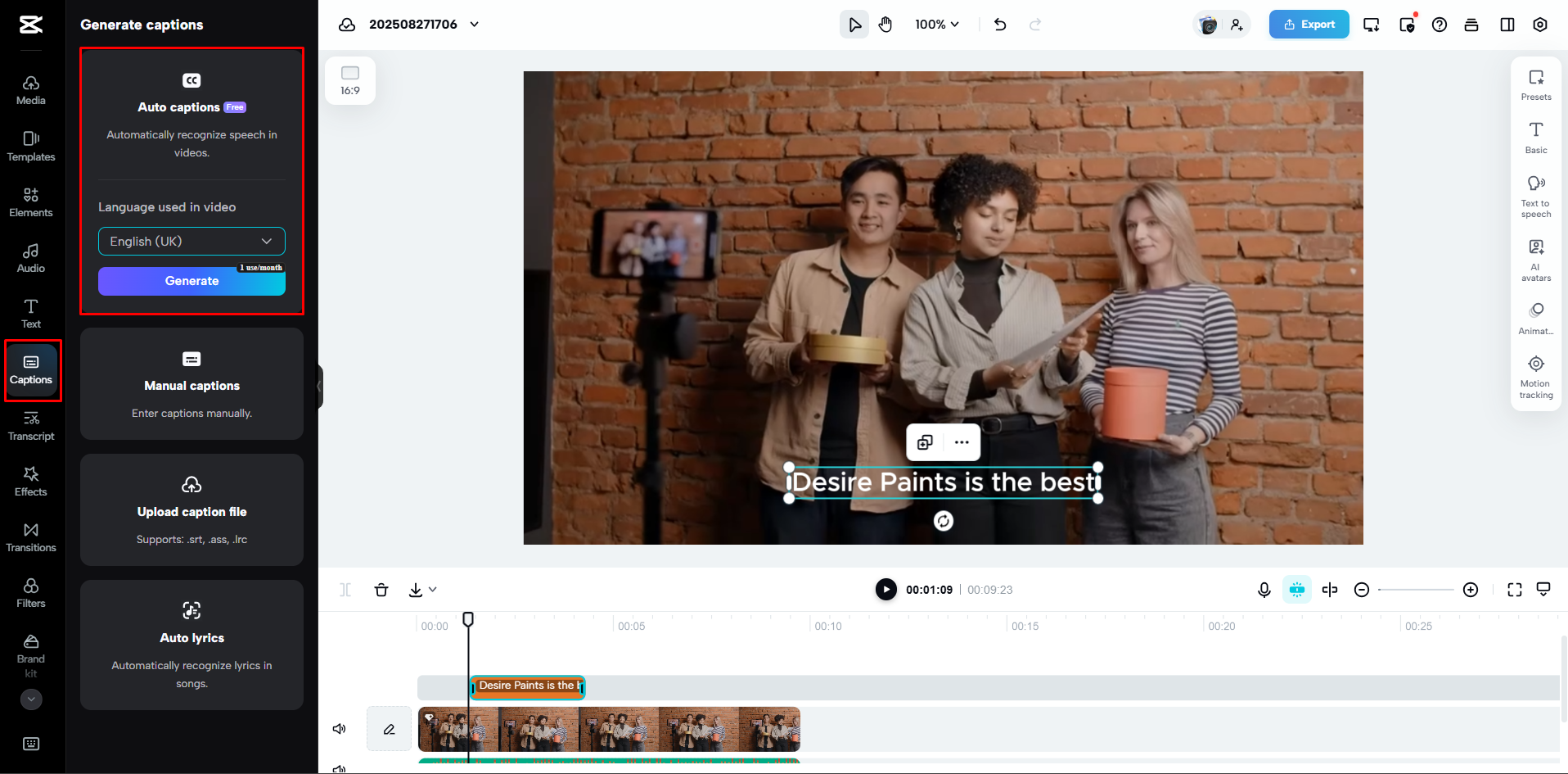 Adding captions to the video with CapCut Web