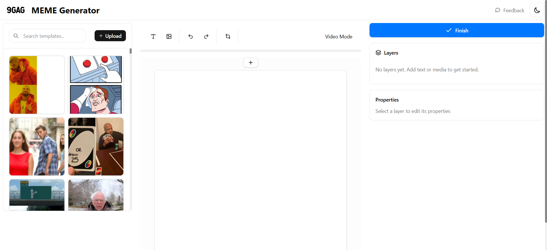 Screenshot of the home interface of the 9GAG meme generator