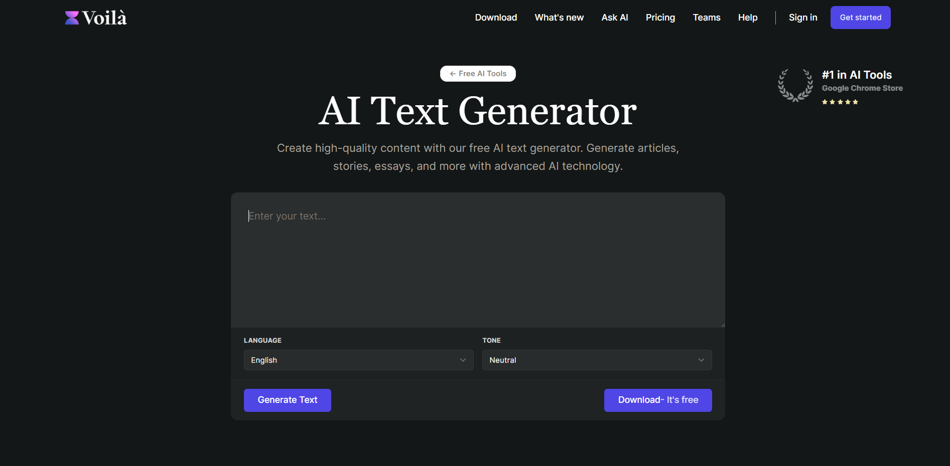 Interface de getvolla.ai : un générateur de texte IA en ligne facile à utiliser