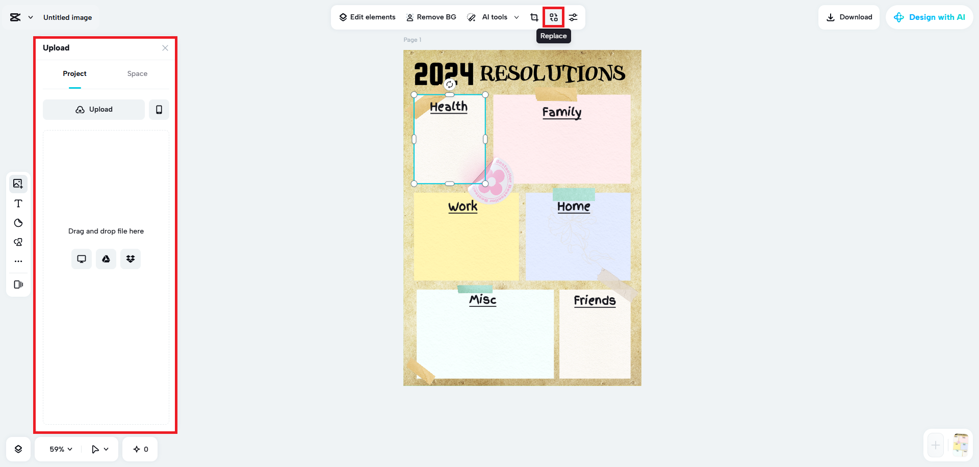 Replace the placeholder images/elements