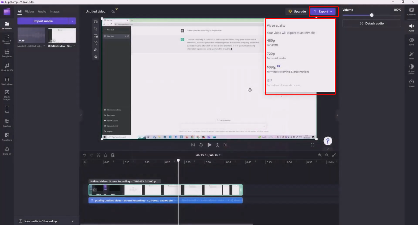 Exporting the recording from the Clipchamp screen recorder