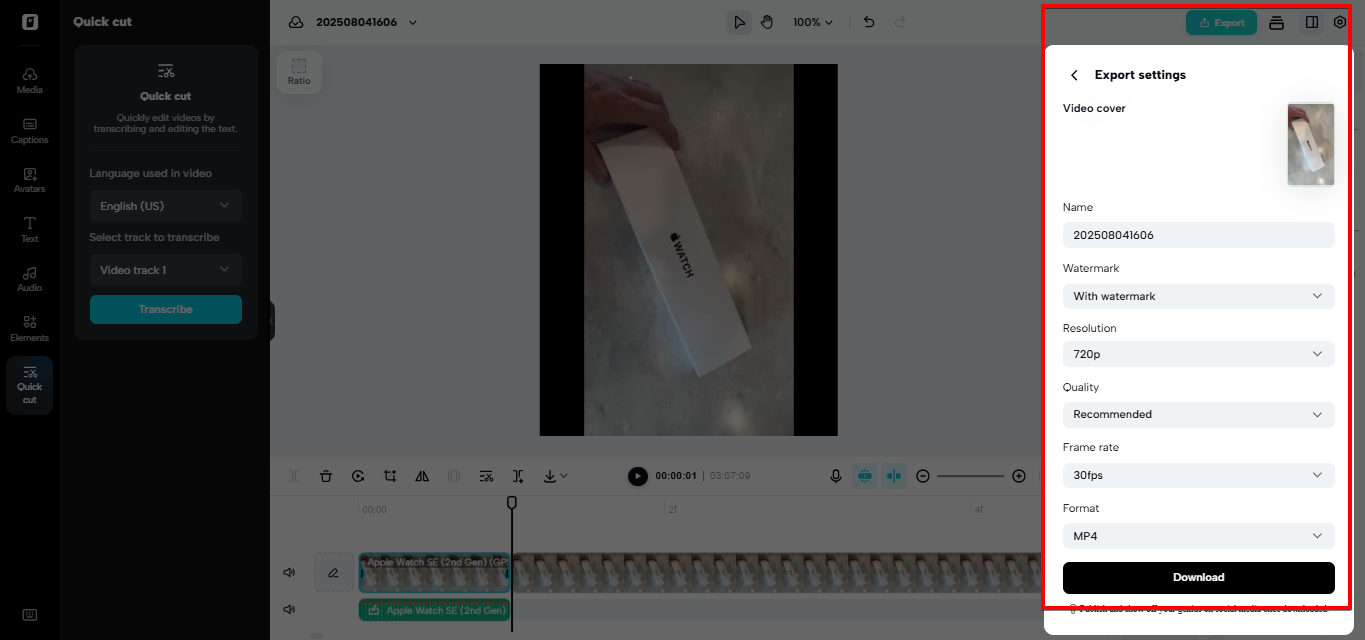 Exporting the video from Pippit