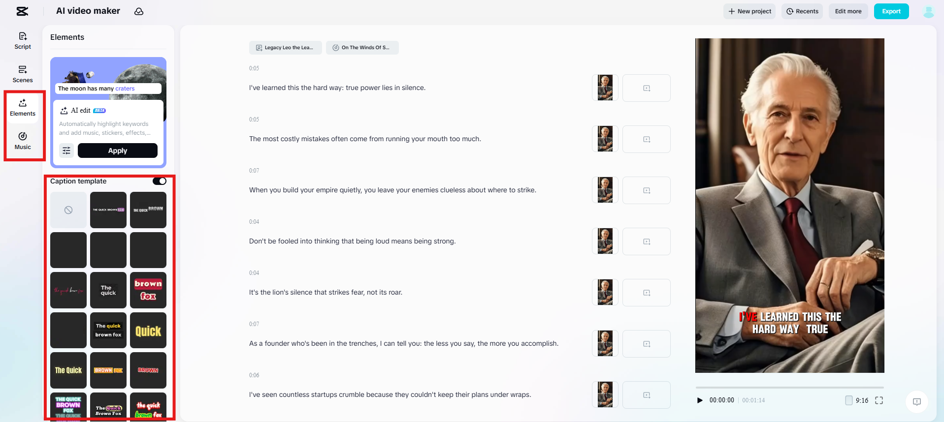 Customize captions and music