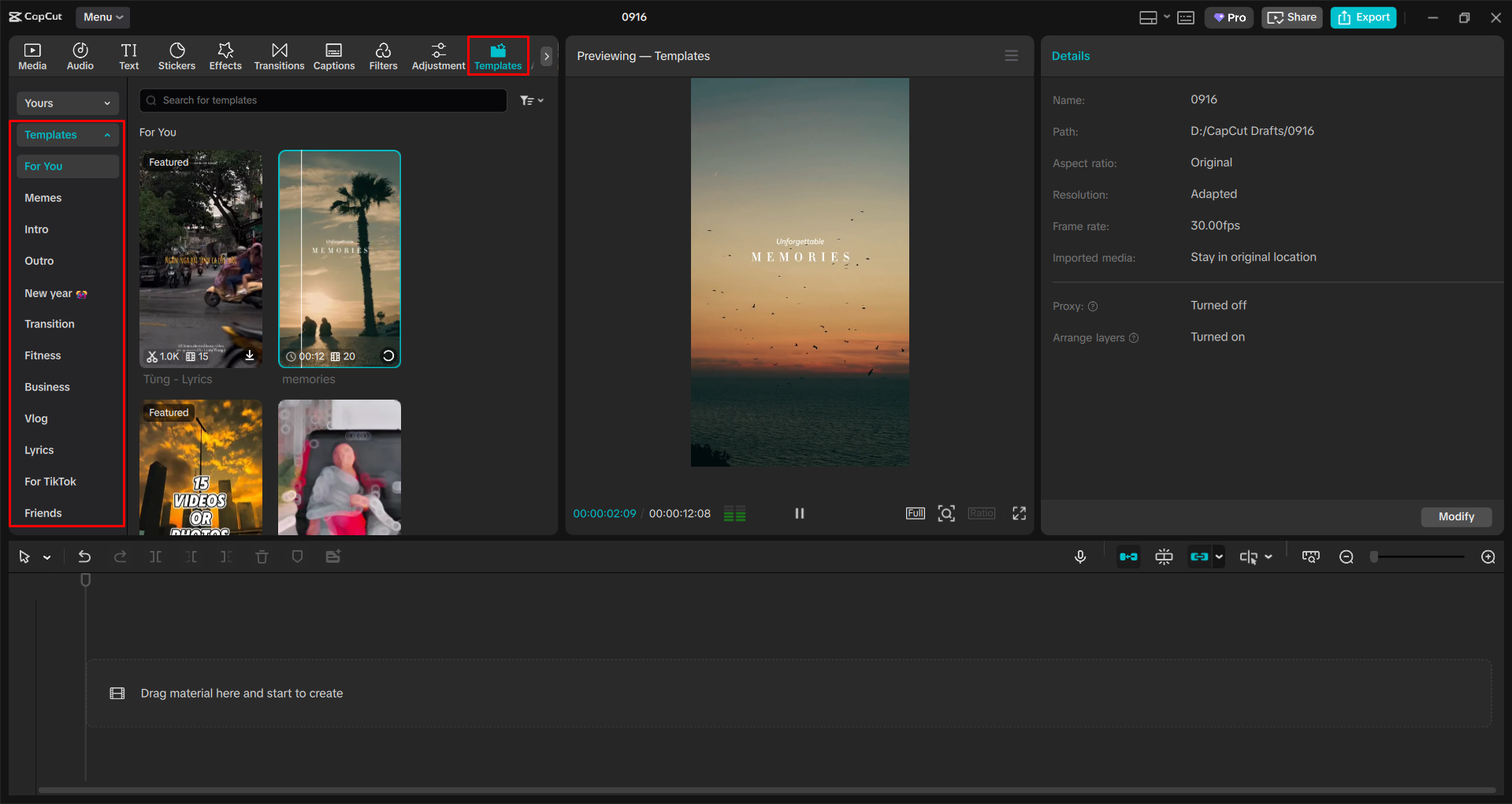 Choosing a video template in the CapCut desktop video editor