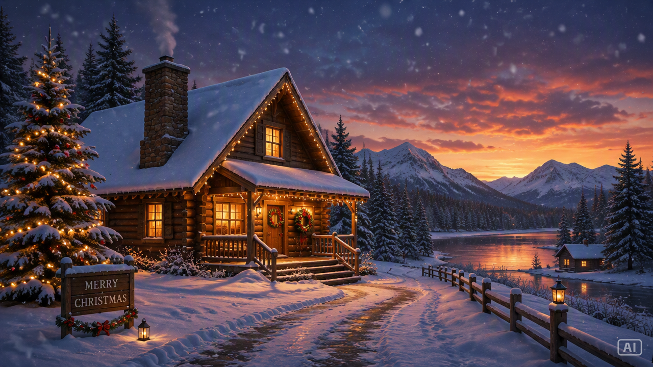 Christmas wallpaper snowy cabin image generated by Pippit