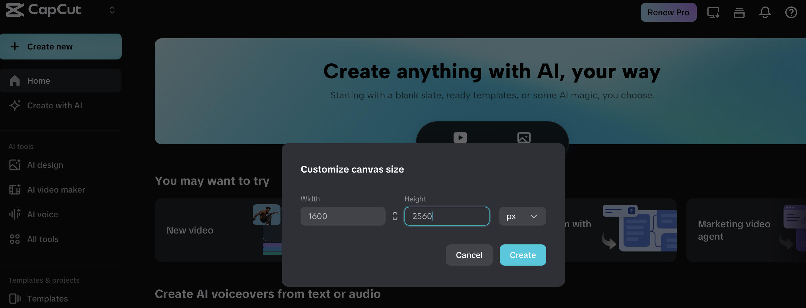 Setting custom canvas dimensions to 1600x2560 px for a book cover in CapCut