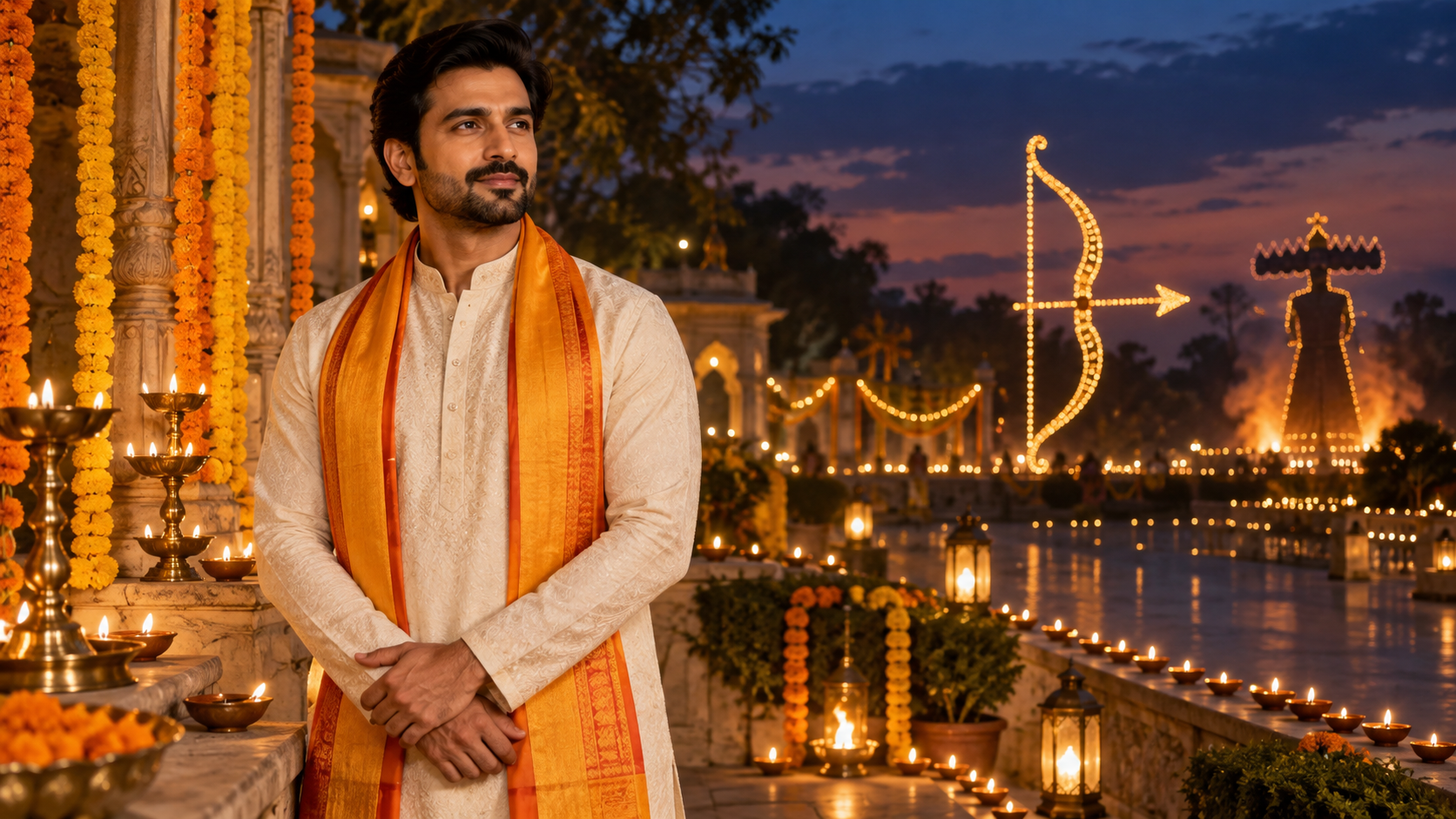 a warm Dussehra portrait with recognizable people, traditional clothing, lamps, flowers, and distant celebration details