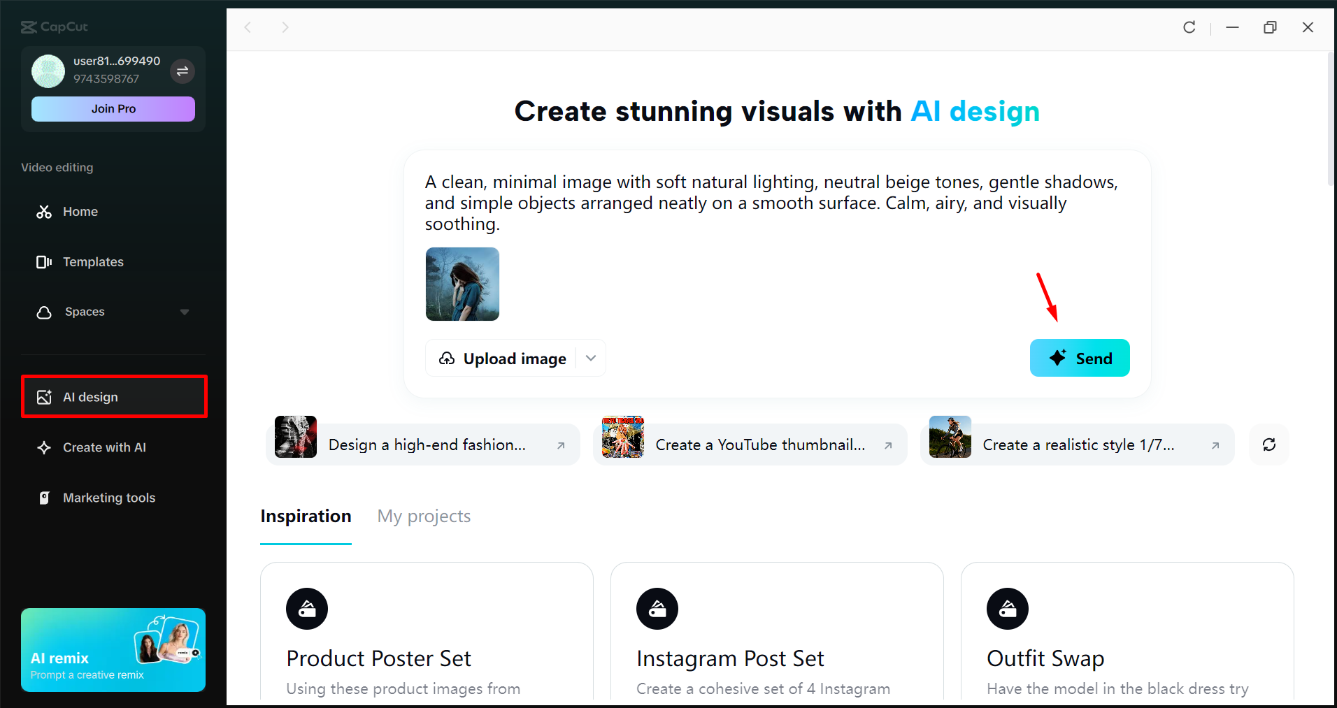 Accessing the AI design tool in the CapCut desktop video editor