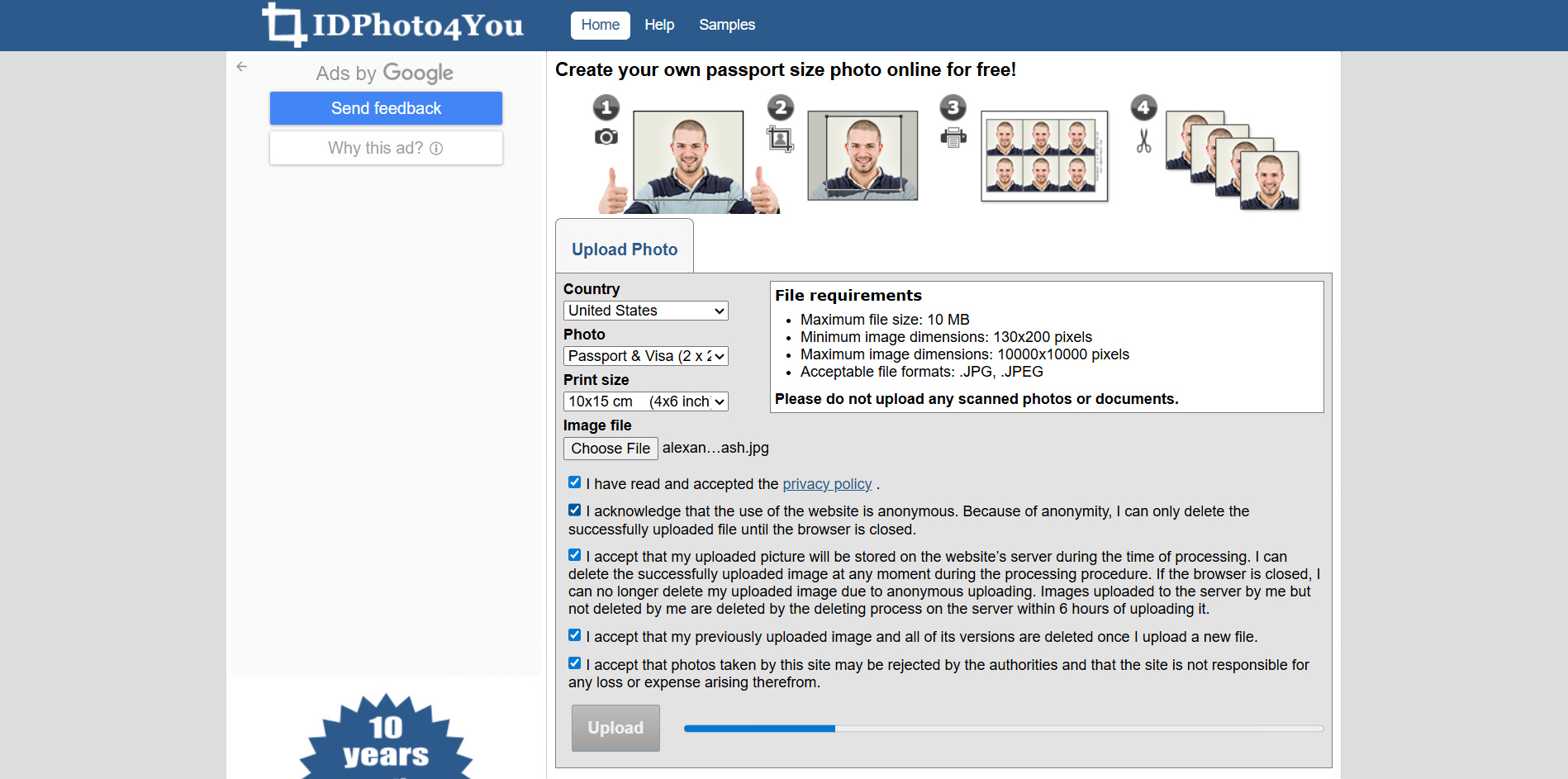 Interface of IDPhoto4You - another reliable online passport photo editor