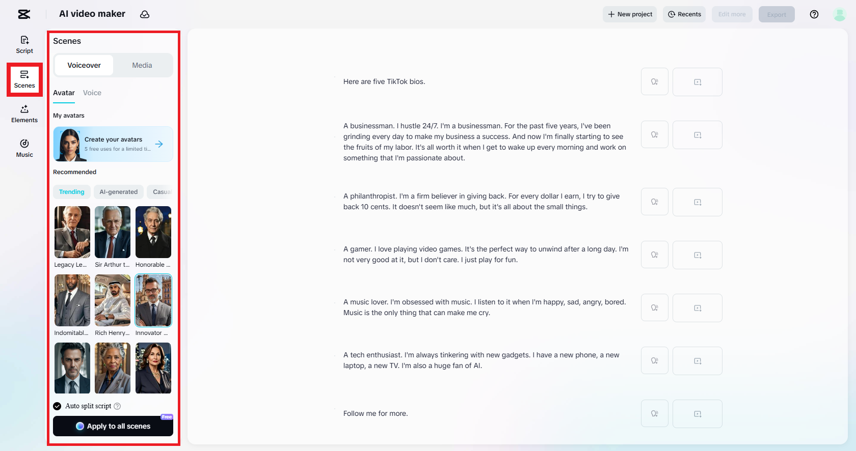 Pilih avatar dan suara latar anda
