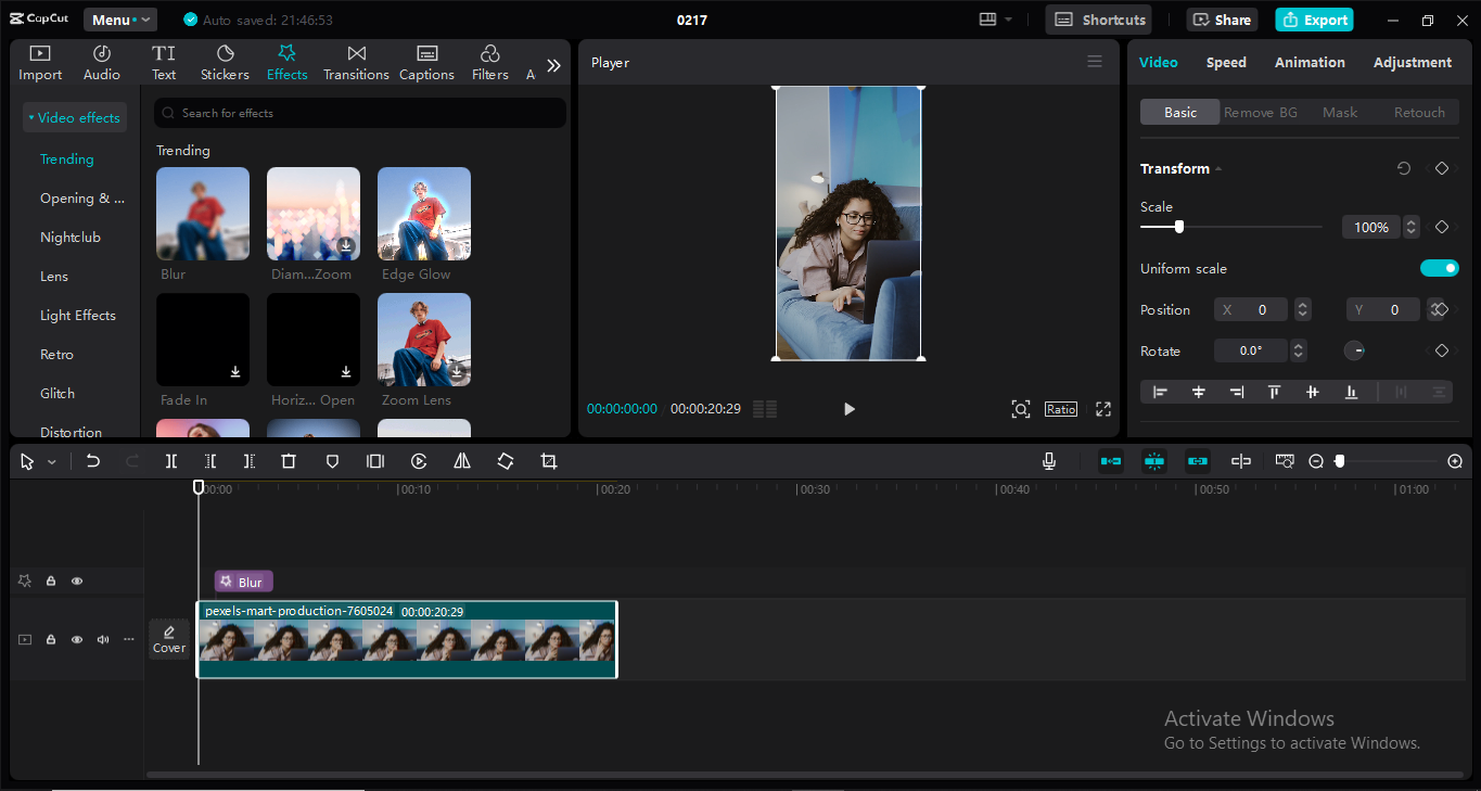 Editing interface of the CapCut desktop video editor - the best tool to edit Facebook reels