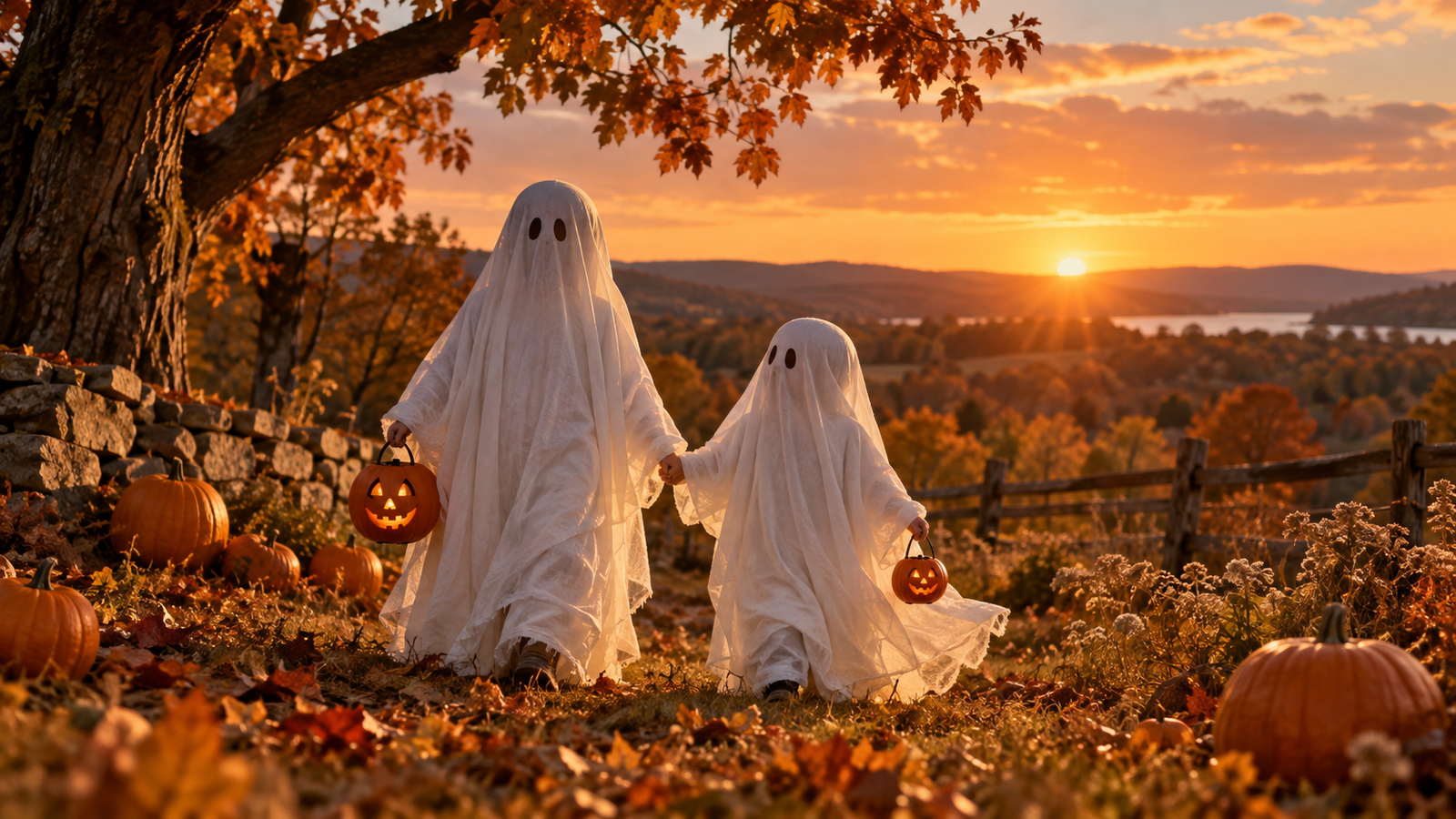 Two ghosts together: Two distinct white-sheet ghost costumes holding hands in an autumn meadow, pumpkins and golden-hour light
