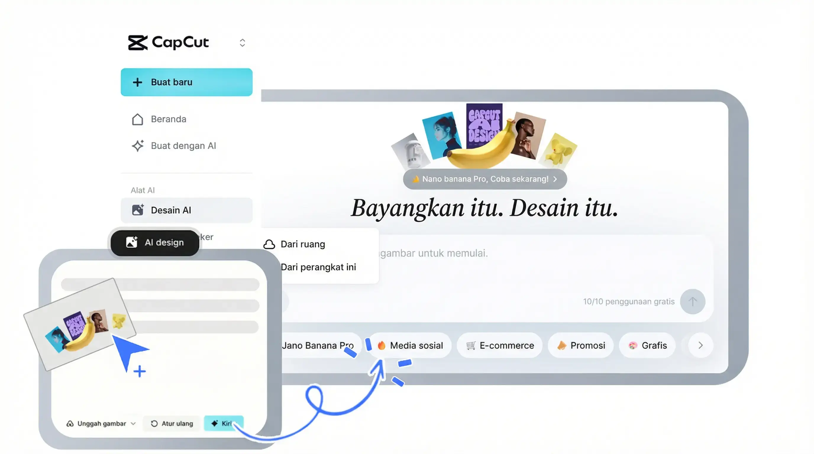 Pilih template Ramadan atau unggah media di CapCut