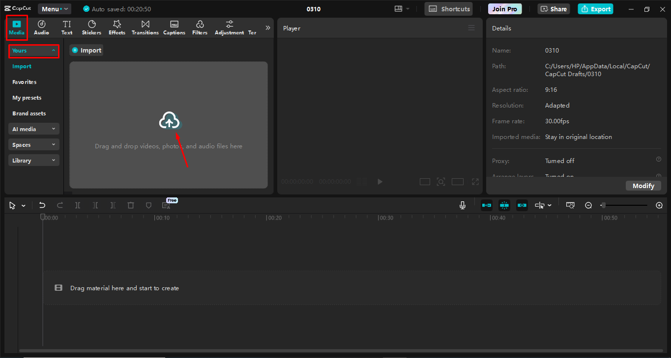 Importing video in the CapCut desktop video editor