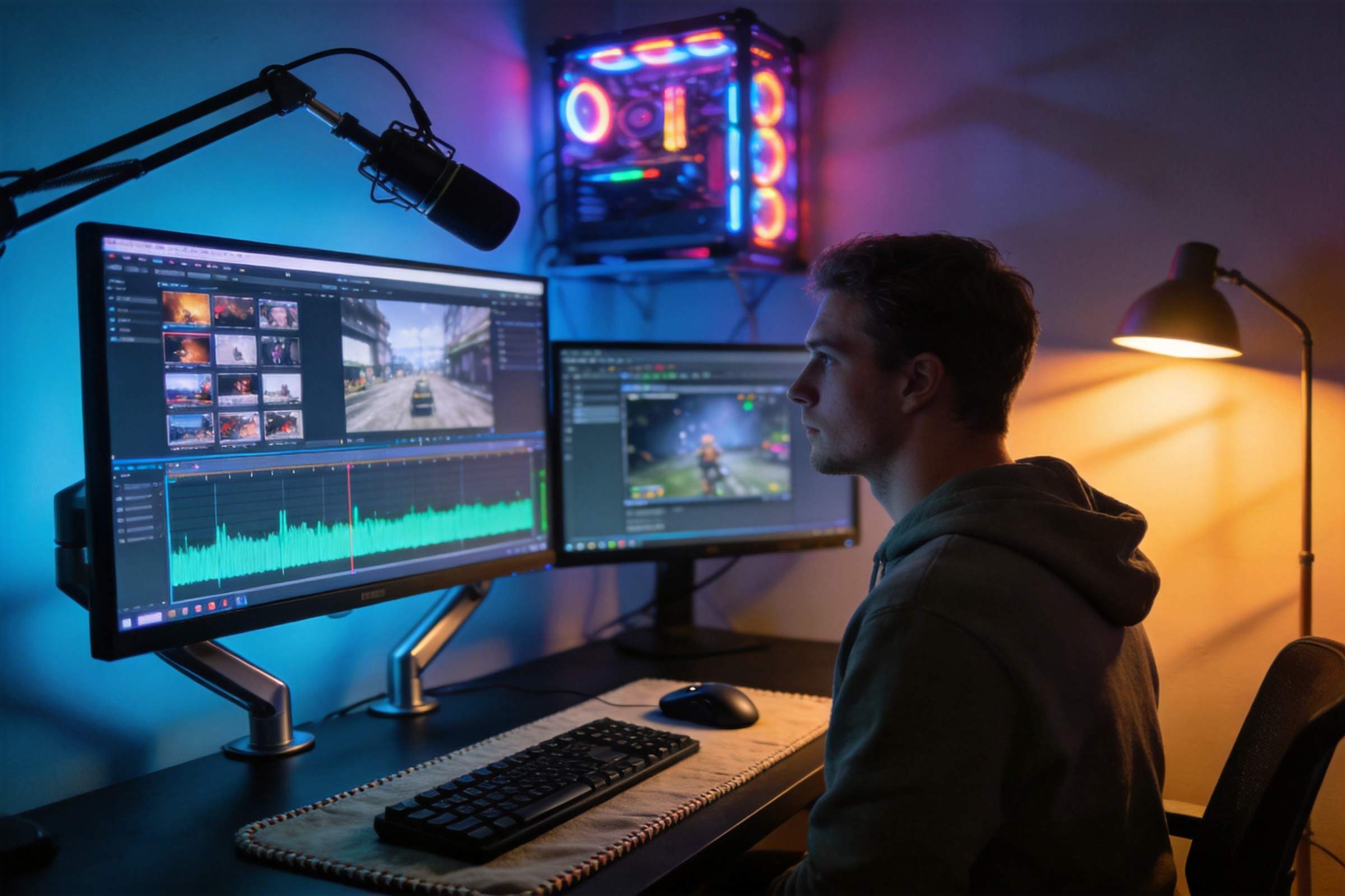 Man editing gaming video at dual monitors in a neon-lit room