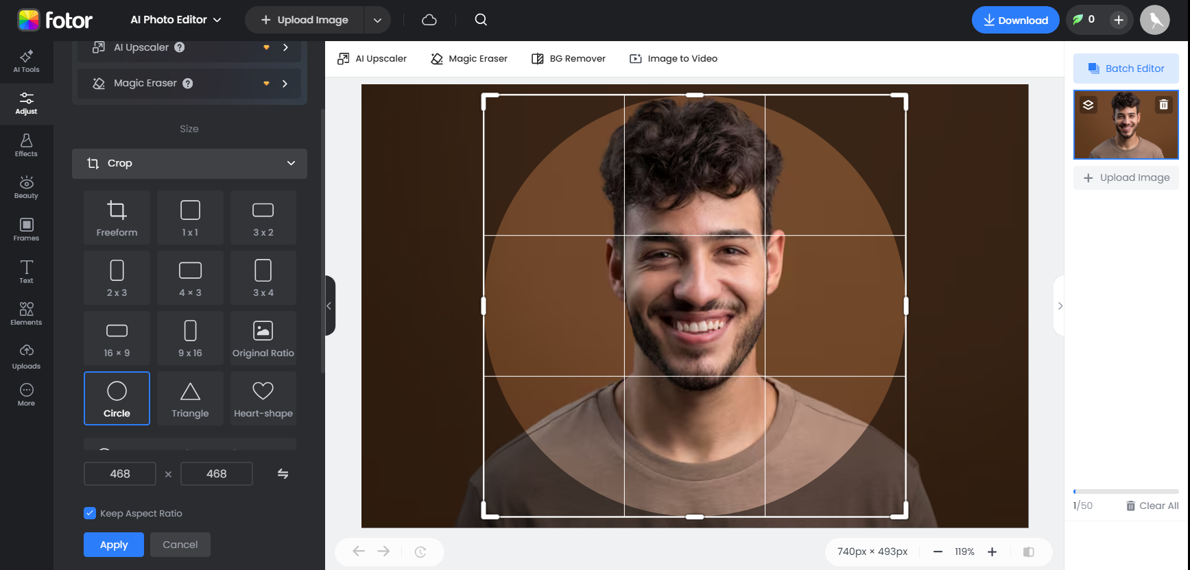 Interface of Fotor - an efficient tool to round crop images